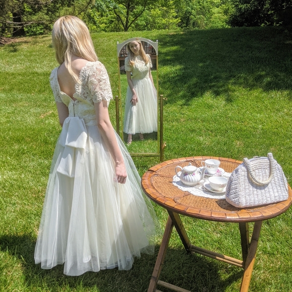 50s bridal gown lace and tulle tea length - Picture 2 of 6